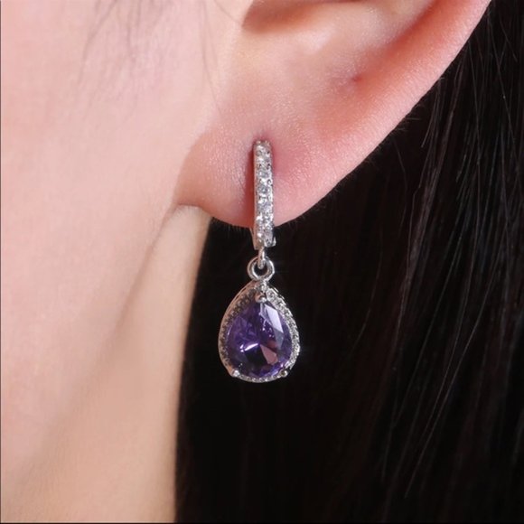New 925 Silver Water Drop Royal Purple Earrings - Picture 5 of 5